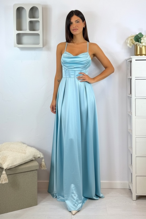 Vestito lungo raso corpetto strutturato spacco