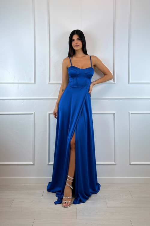 Abito cerimonia raso corsetto intrecciato dietro