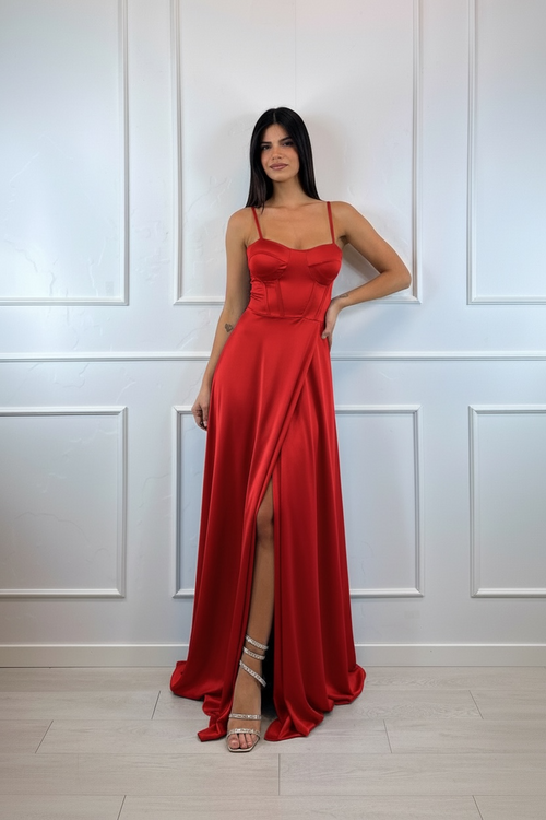 Abito cerimonia raso corsetto intrecciato dietro