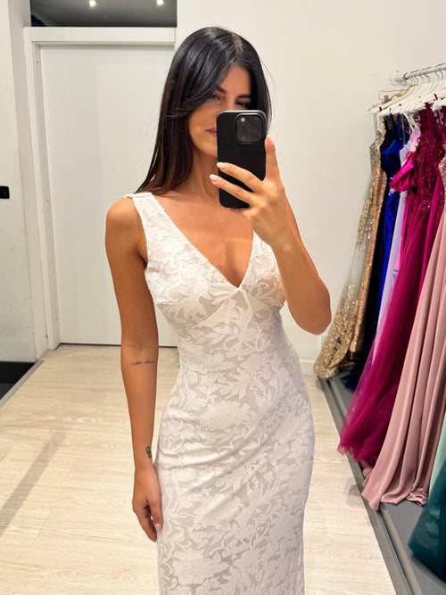 Vestito lungo fiori rilievo scollo V
