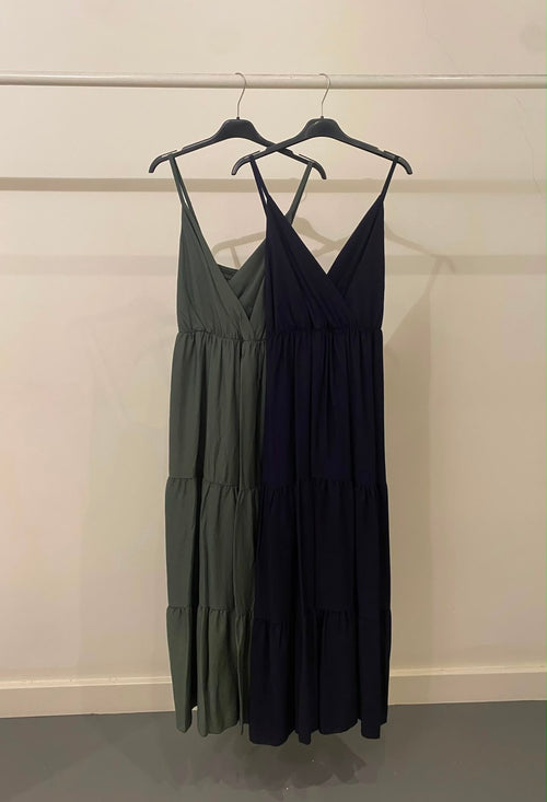 Vestito lungo balze scollo V effetto lino