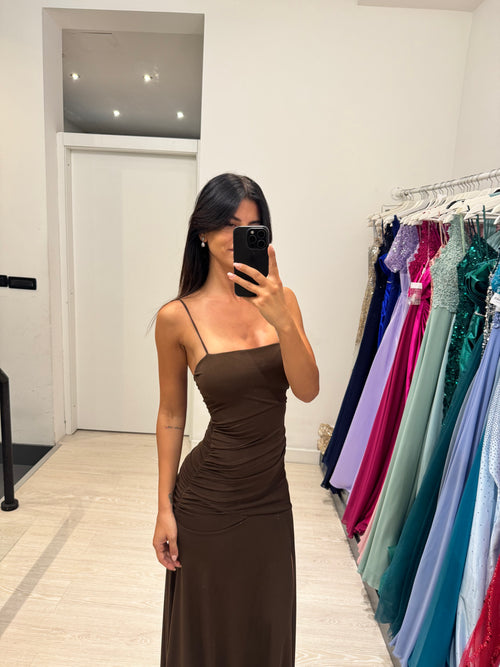 Vestito lungo arricciato con incrocio schiena