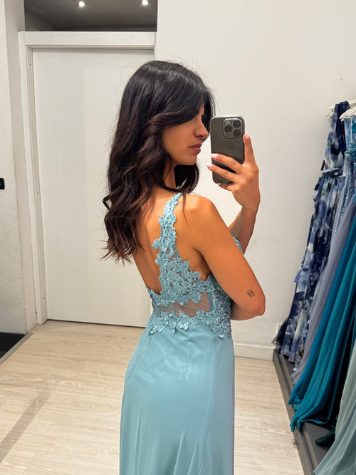 Abito cerimonia eva spacco corpetto pizzo e strass