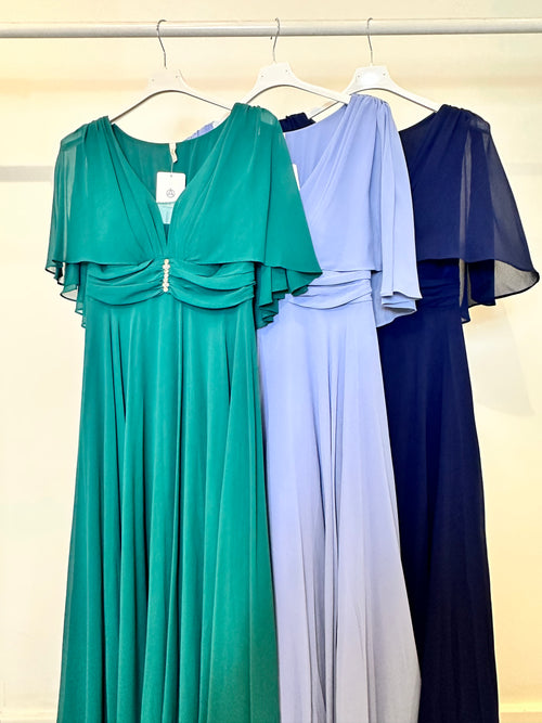 Abito cerimonia maxi mantella scollo V strass