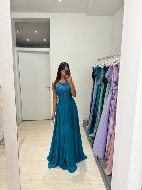 Abito cerimonia scollo americano pizzo e strass