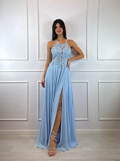 Abito cerimonia scollo americano pizzo e strass