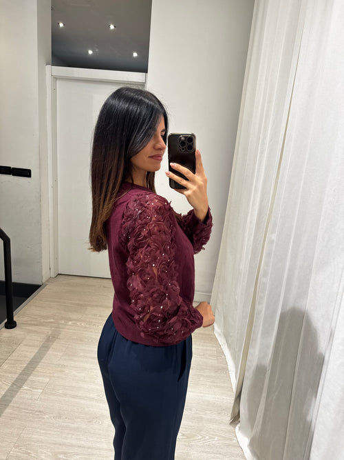 Maglia girocollo maniche inserti fiori