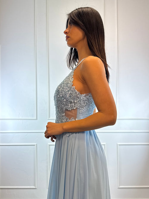 Abito cerimonia scollo americano pizzo e strass
