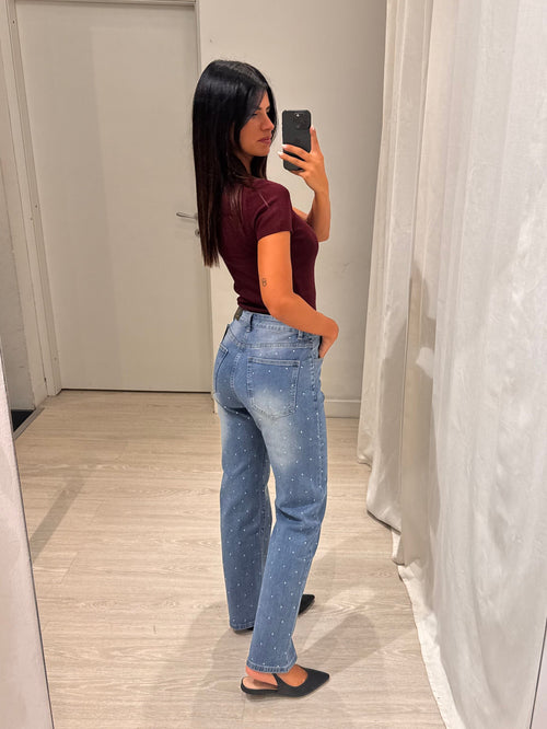 Jeans gamba larga total strass