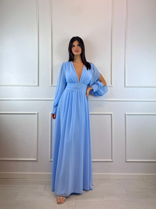 Vestito lungo scollo incrociato arricciato schiena