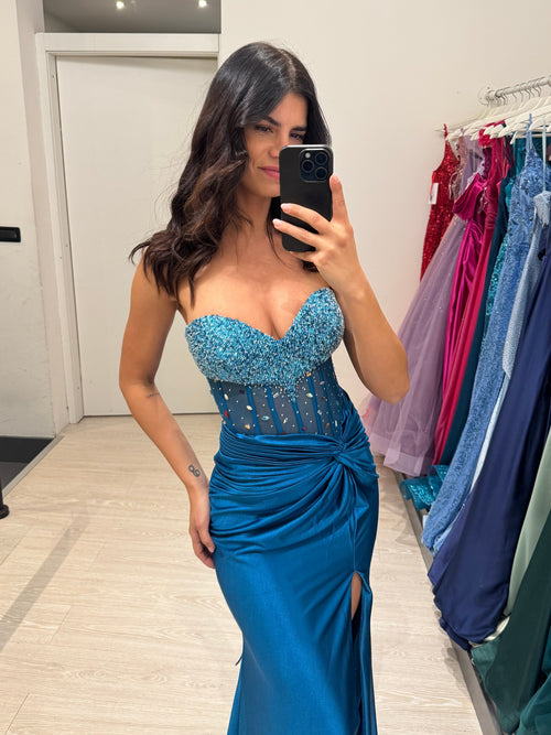 Abito cerimonia sirena nodo corpetto diamanti