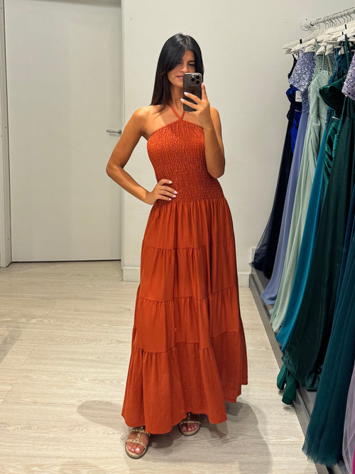 Vestito lungo, arricciatura e balze