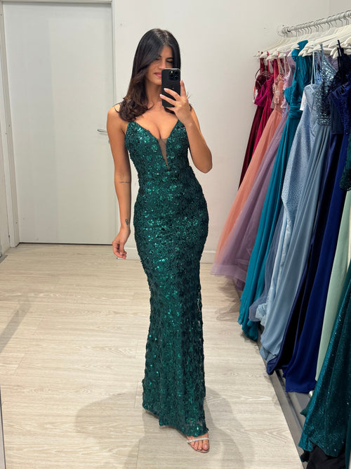 Abito cerimonia sirena paillettes tonde e ovali
