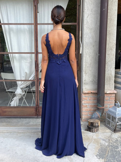 Abito cerimonia eva spacco corpetto pizzo e strass