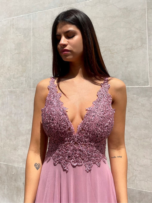Abito cerimonia eva spacco corpetto pizzo e strass