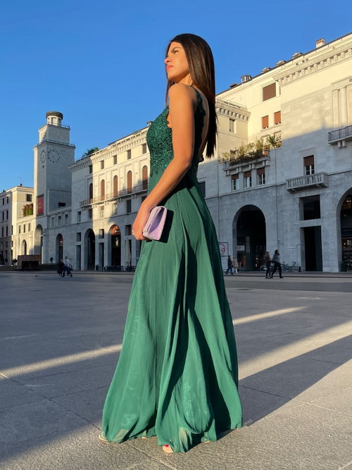 Abito cerimonia eva spacco corpetto pizzo e strass