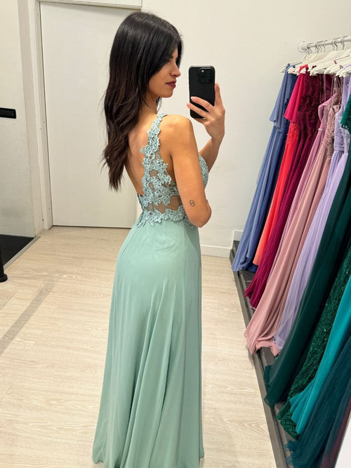 Abito cerimonia eva spacco corpetto pizzo e strass