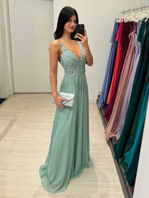 Abito cerimonia eva spacco corpetto pizzo e strass
