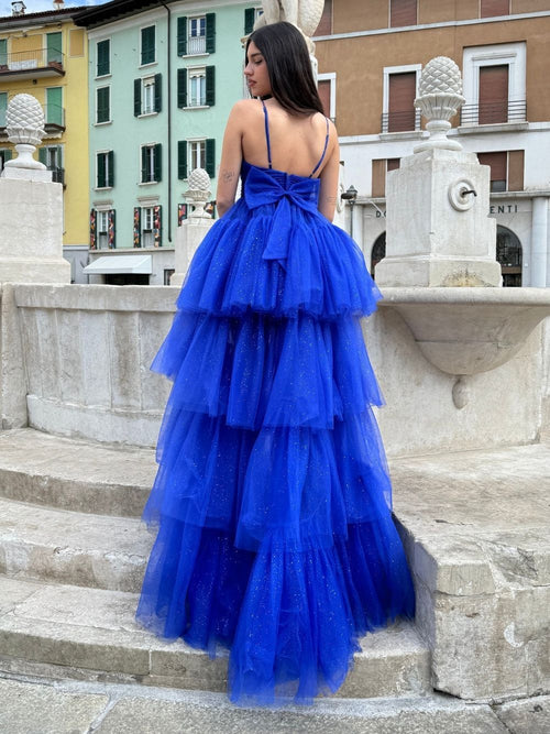 Abito cerimonia corto tulle brilli super coda