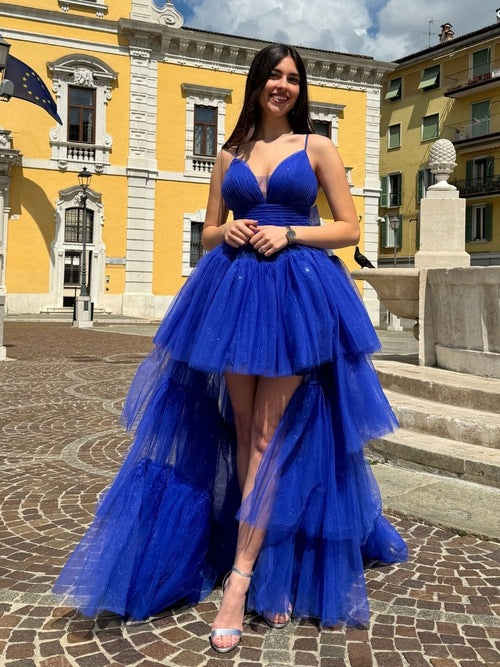 Abito cerimonia corto tulle brilli super coda