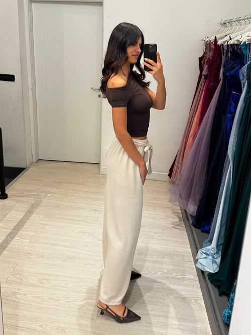 T-shirt crop Lycra manica scesa