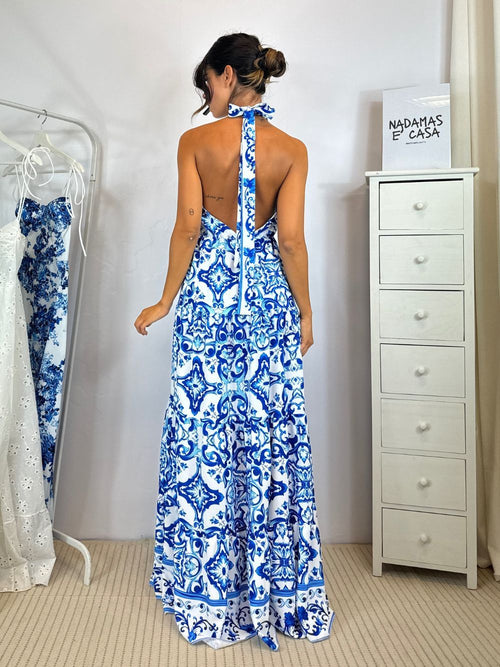 Vestito lungo fantasia mare scollo americano