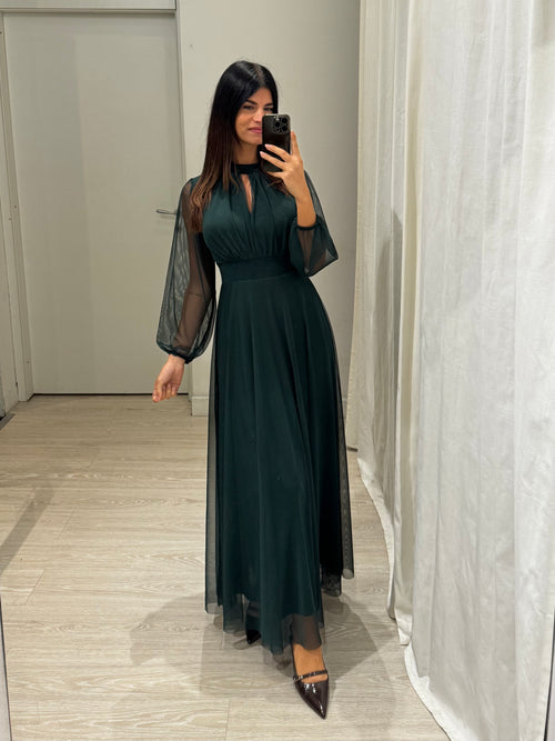 Vestito lungo Giulia tulle scollo americano manica lunga