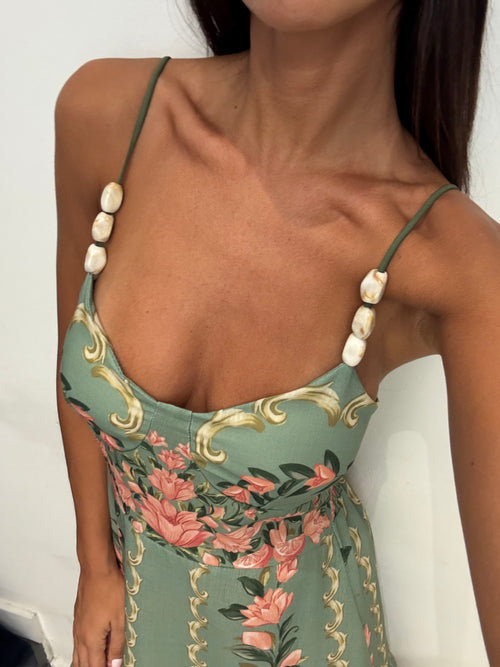Vestito Lungo fiori spalline perle