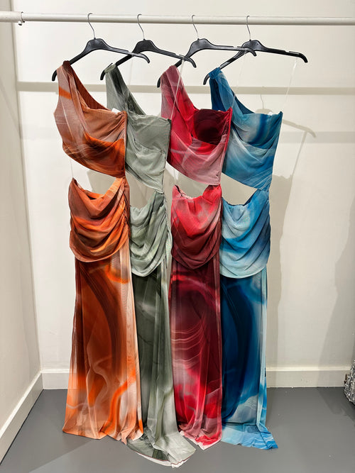 Abito lungo monospalla tulle fantasia