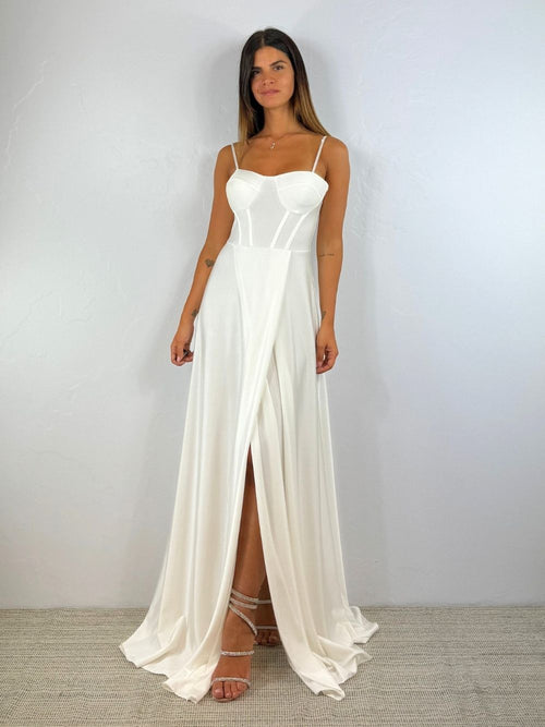 Abito cerimonia raso corsetto intrecciato dietro