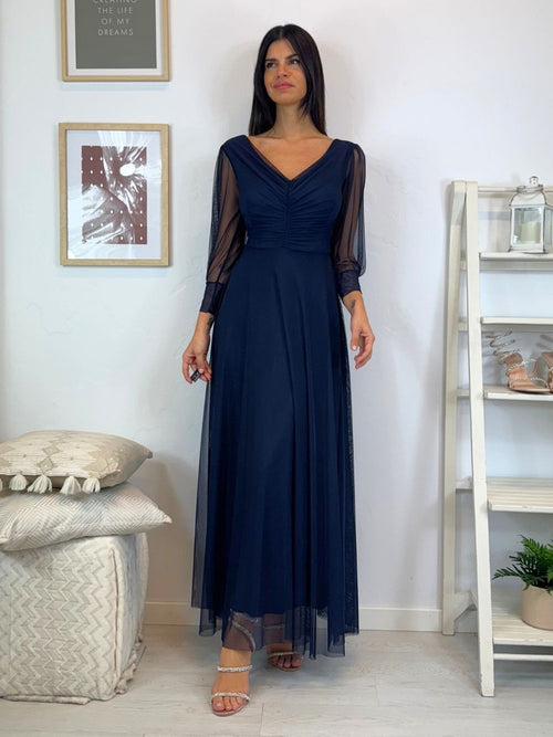 Vestito lungo cerimonia tulle con maniche
