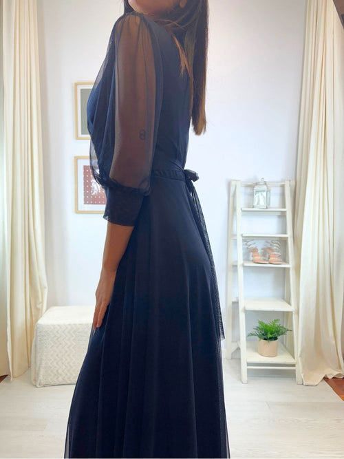Vestito lungo cerimonia tulle con maniche