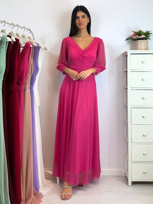Vestito lungo cerimonia tulle con maniche