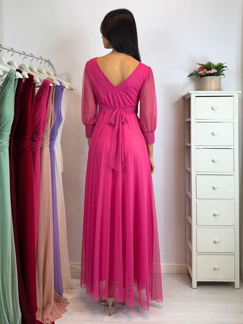 Vestito lungo cerimonia tulle con maniche