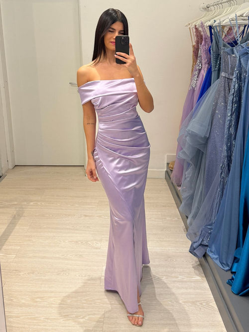 Vestito sirena raso drapeggio spacco manica scesa