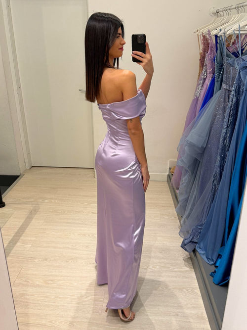 Vestito sirena raso drapeggio spacco manica scesa