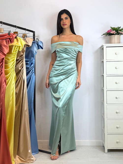 Vestito sirena raso drapeggio spacco manica scesa