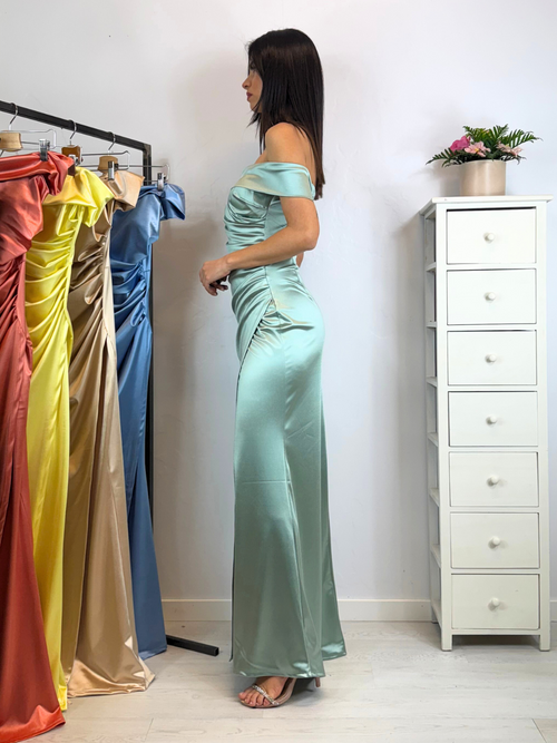 Vestito sirena raso drapeggio spacco manica scesa