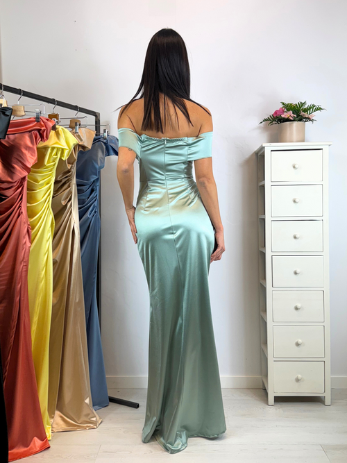 Vestito sirena raso drapeggio spacco manica scesa