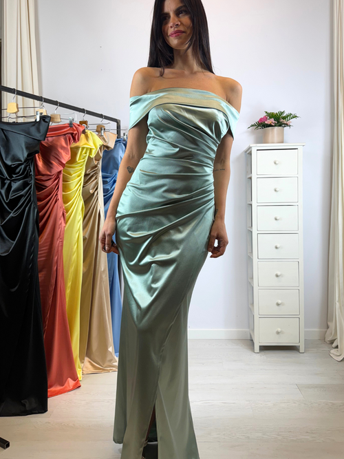 Vestito sirena raso drapeggio spacco manica scesa