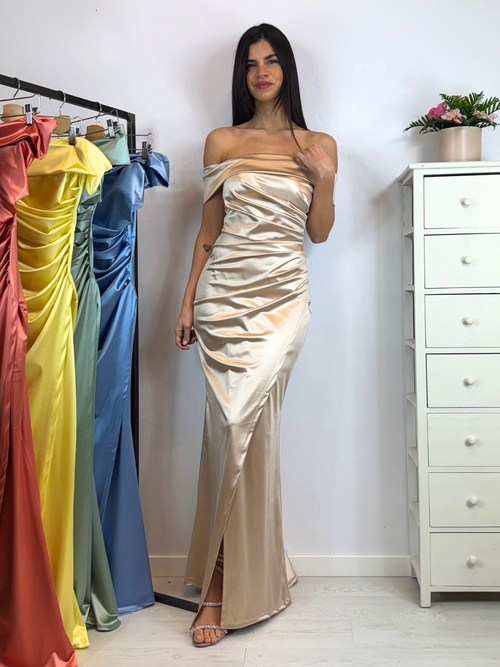 Vestito sirena raso drapeggio spacco manica scesa