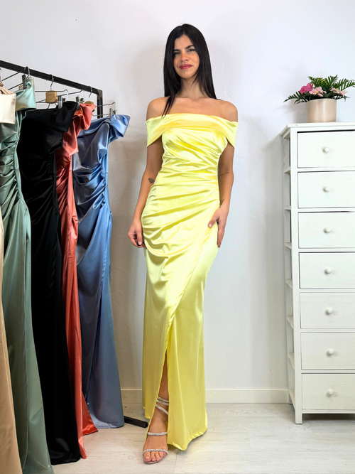 Vestito sirena raso drapeggio spacco manica scesa