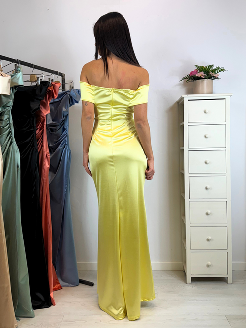 Vestito sirena raso drapeggio spacco manica scesa