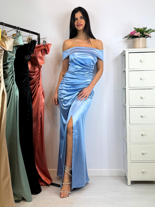 Vestito sirena raso drapeggio spacco manica scesa