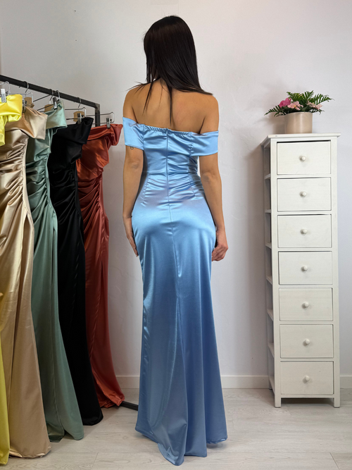 Vestito sirena raso drapeggio spacco manica scesa