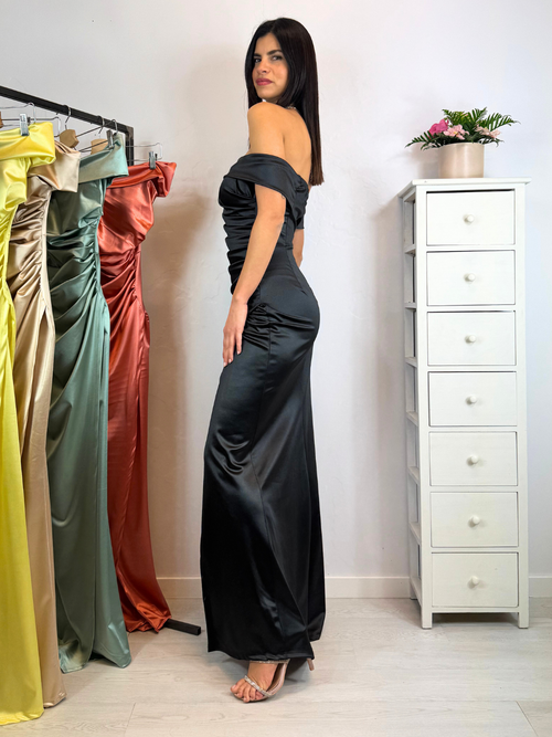 Vestito sirena raso drapeggio spacco manica scesa
