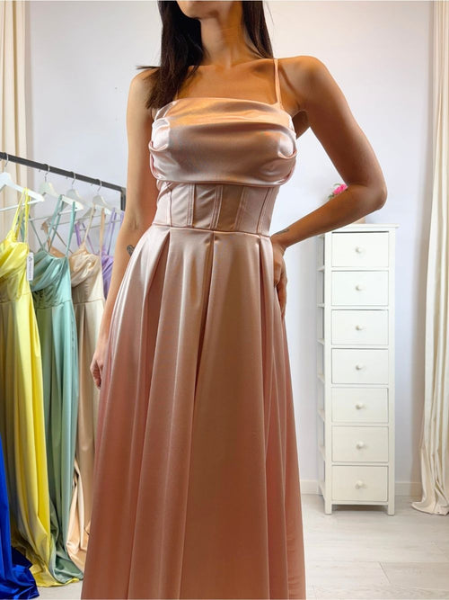 Vestito lungo raso corpetto strutturato spacco