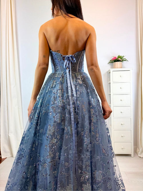 Abito cerimonia cenerentola fiori lurex tulle