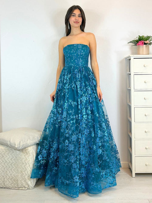 Abito cerimonia cenerentola fiori lurex tulle