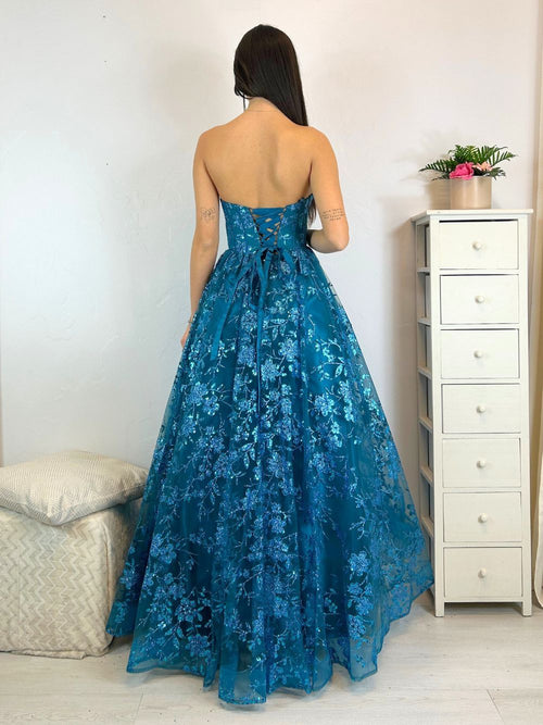 Abito cerimonia cenerentola fiori lurex tulle